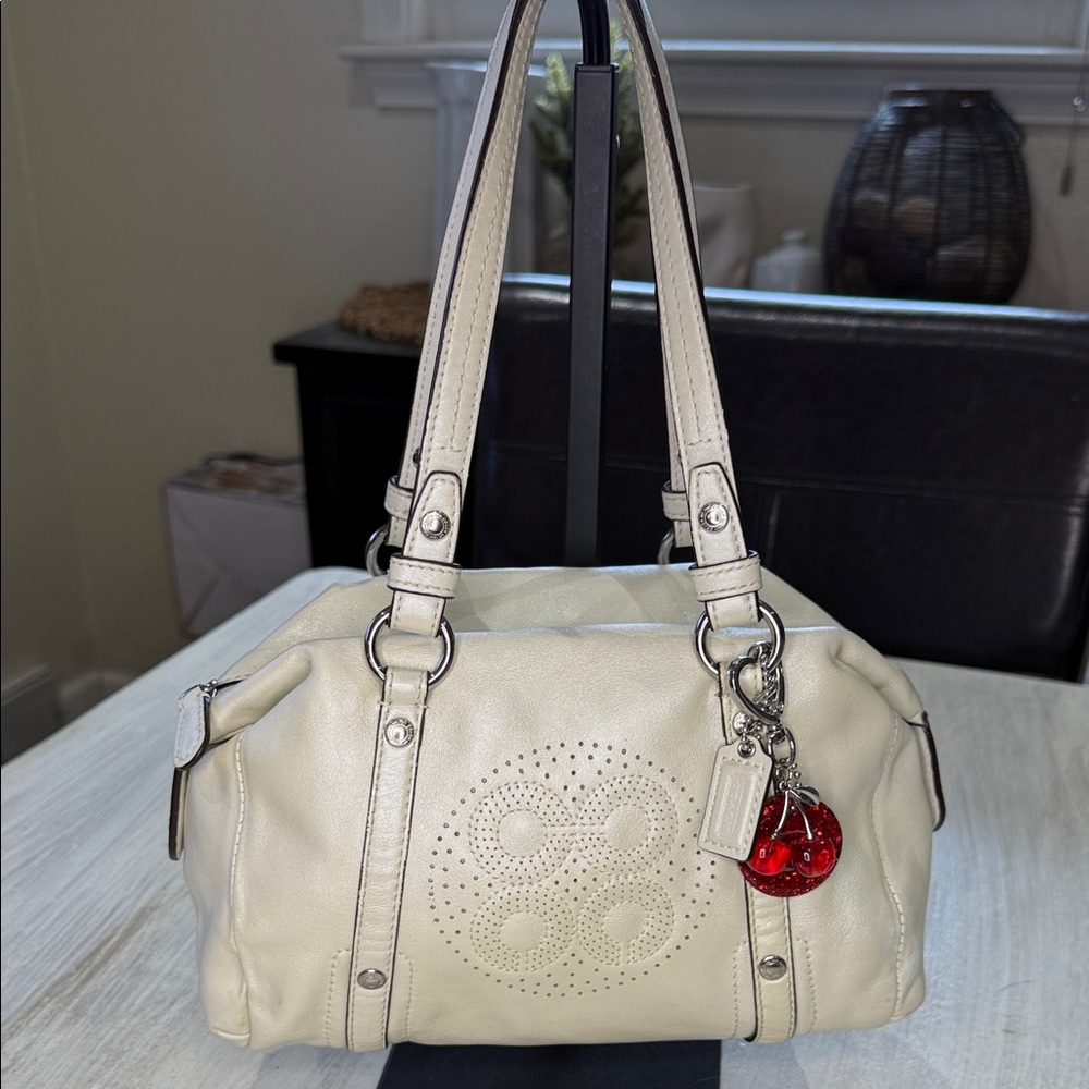 Coach Metallic Cream Perforated Opt Art Mini Satchel with Charm